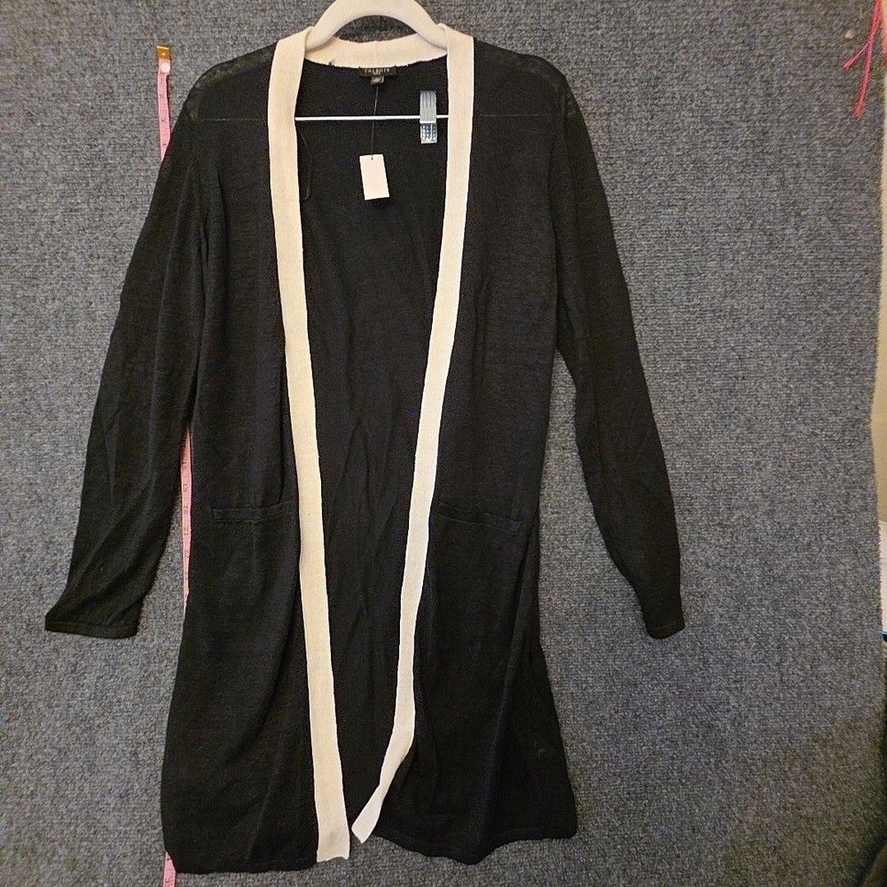 Talbots Cardigan Sweater Womens PS Black Open Front Linen Longline Knit